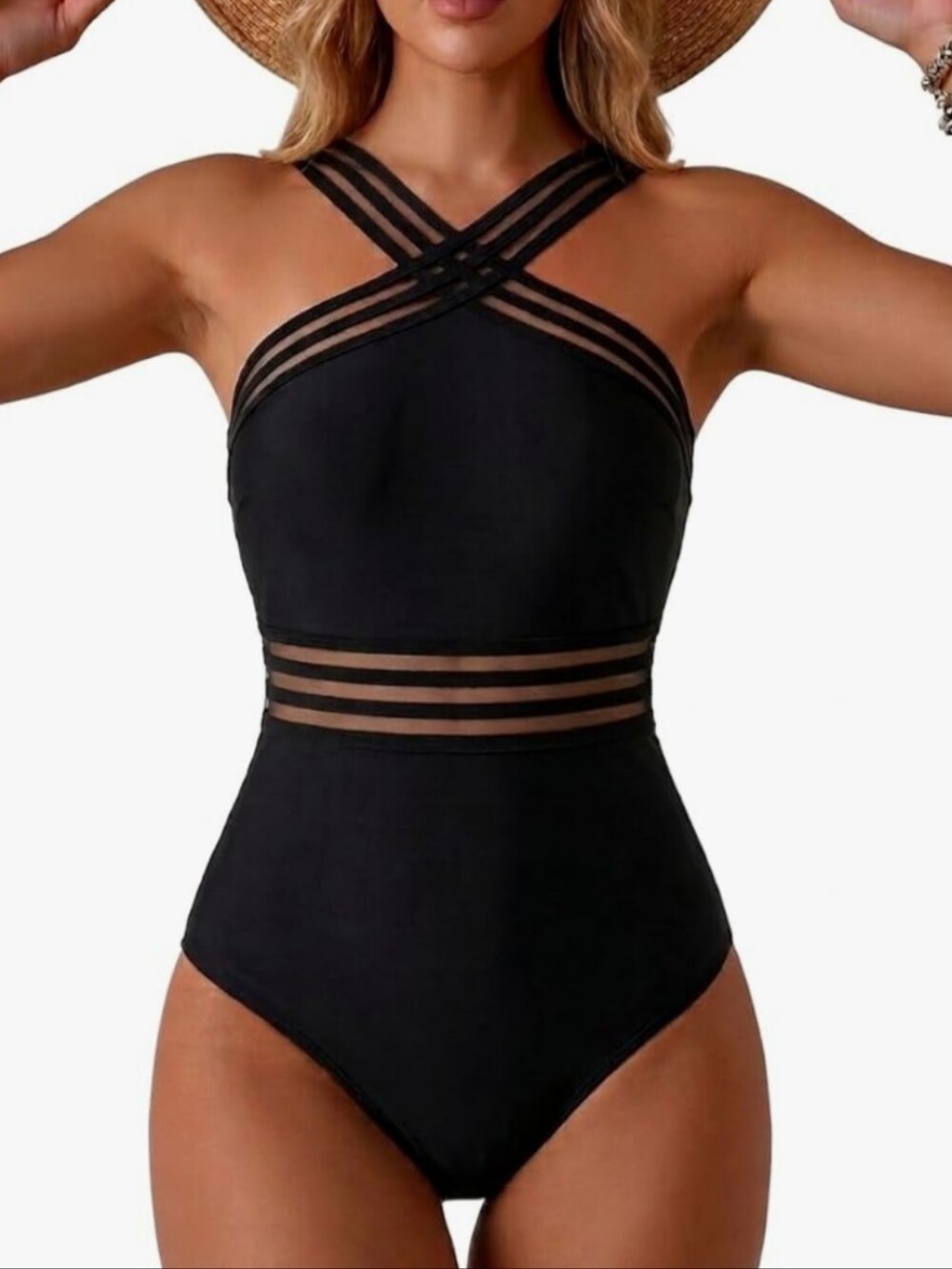 Hilor Strappy Mesh-Detail Black One-Piece Swimsuit